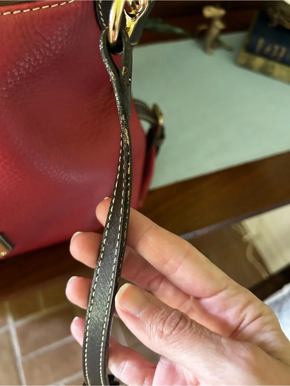 Dooney & Bourke Pebble Leather Hobo Bag in Red with Dark Brown Trim